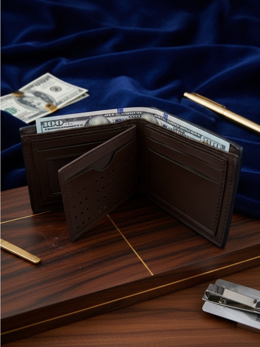 Navy & Brown Leather Bi-Fold Wallet - Picture 2 of 4